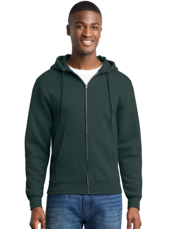 A forest green, full-zip hooded sweatshirt with a small white Spartan logo on the upper left chest.