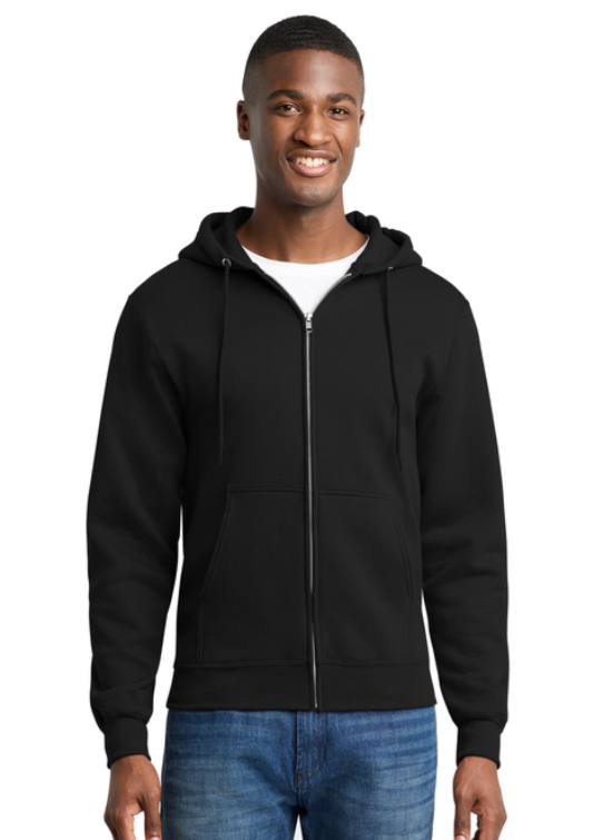 A black zip-up hooded sweatshirt with a small white Spartan logo on the upper left chest.