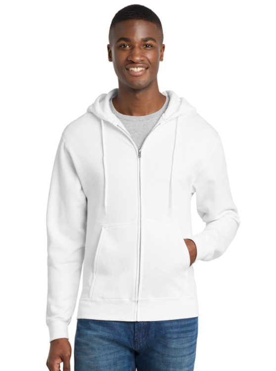 A white, full-zip hooded sweatshirt with a small, dark green Michigan State University Spartan logo on the chest.