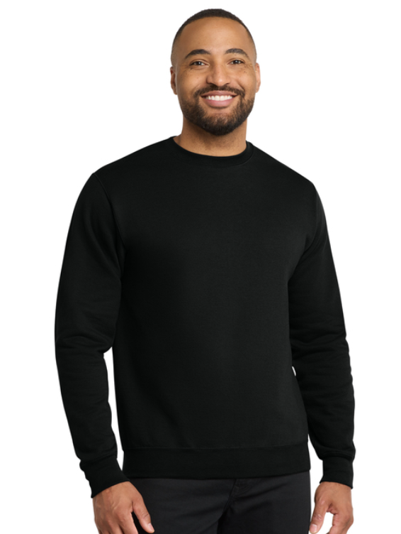 A black crewneck sweatshirt with white text reading 