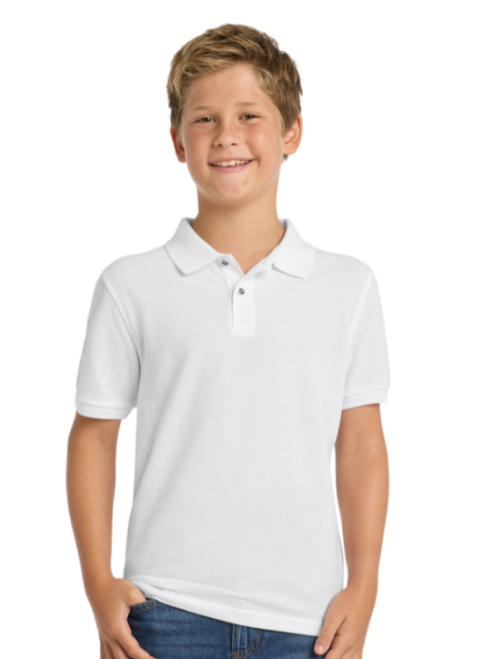 White polo shirt with green “Every Spartan” logo on the chest