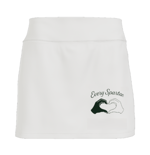 White athletic skirt with “Every Spartan” text and heart graphic on the front