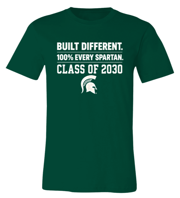 Dark green Spartan Class of 2030 T-shirt with white slogan and Spartan helmet logo