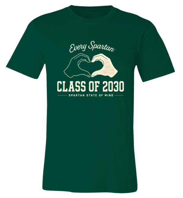 Dark green T-shirt with Spartan helmet, “Every Spartan Class of 2030” text, and “Spartan State of Mind” slogan