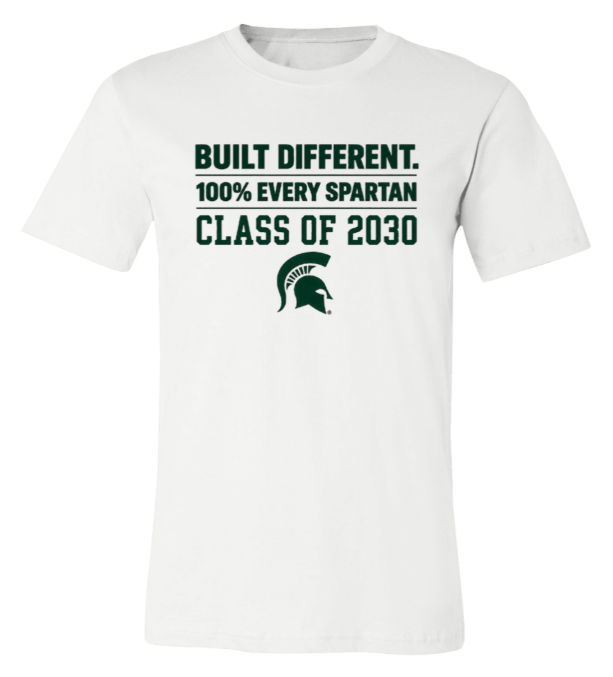 White T-shirt with green text: “Built Different. 100% Every Spartan Class of 2030” and Spartan helmet logo
