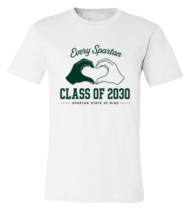 White T-shirt with green Spartan graphic and “Class of 2030” text