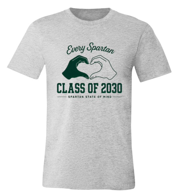 Light gray T-shirt with green “Class of 2030” handshake design and “Every Spartan” text