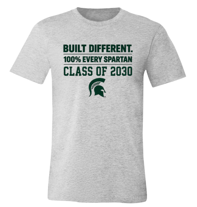Gray T-shirt with “Built Different. 100% Every Spartan. Class of 2030” and a Spartan helmet logo
