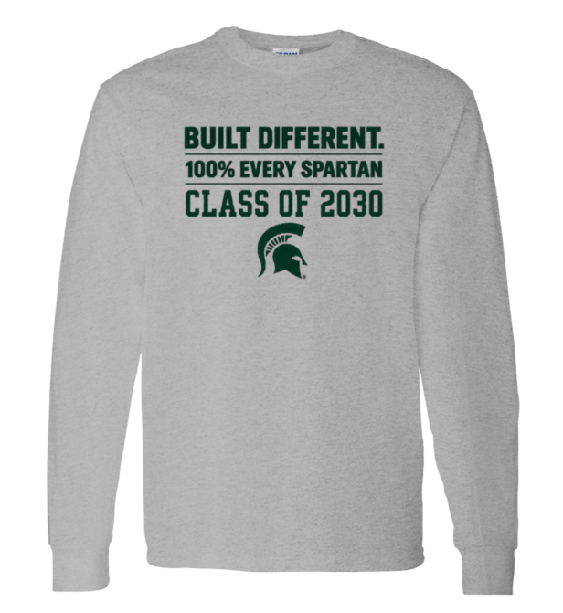Gray long-sleeve shirt with green Spartan text: “Built Different. 100% Every Spartan Class of 2030.”