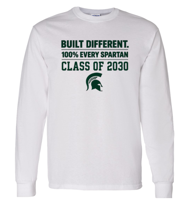 White long-sleeve shirt with “Built Different, 100% Every Spartan, Class of 2030” and a Spartan helmet logo