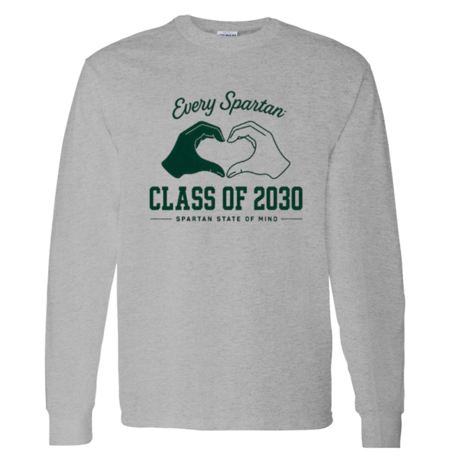 Gray long-sleeve shirt with green “Every Spartan Class of 2030” text and Spartan State logo