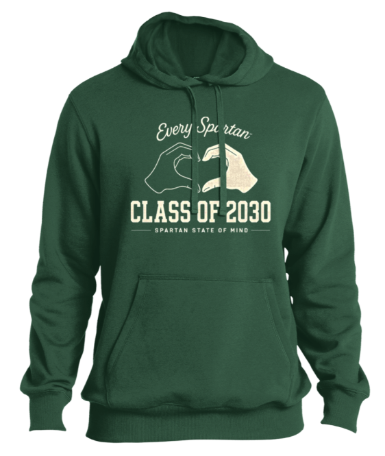 Green hoodie with “Class of 2030” graduation graphic and text