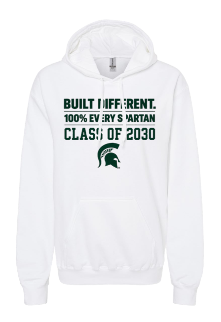 White hooded sweatshirt with green “Built Different. 100% Every Spartan Class of 2030” text and Spartan helmet logo