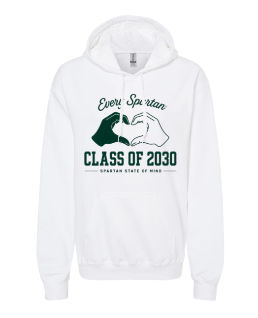 White hoodie with green Spartan graphic and text “Ever Spartan Class of 2030” on the front