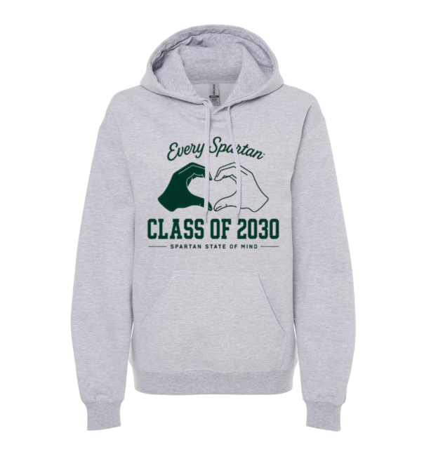 Gray hoodie with green Spartans Class of 2030 graphic and hand logo