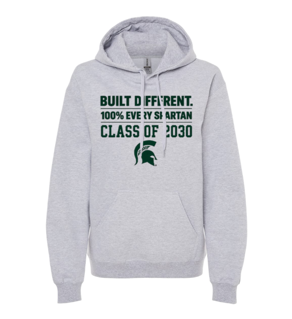 Light gray hoodie with green Spartan logo and text: “Built Different, 100% Eye by S. Arman, Class of 2030.”