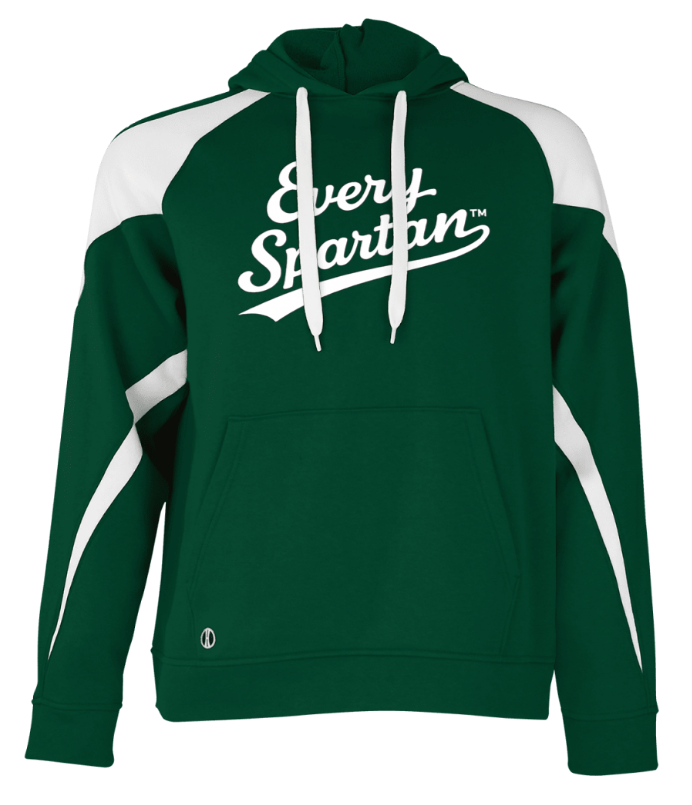 Green and white Spartans hoodie with front pocket and drawstring hood