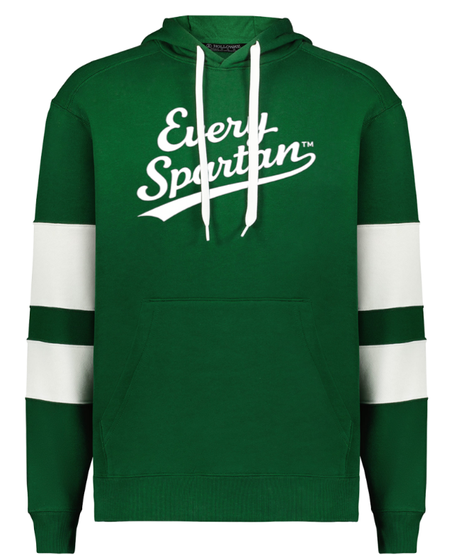 Green hoodie with white drawstrings and sleeve stripes, featuring white “Eberly Sportin” script on the chest