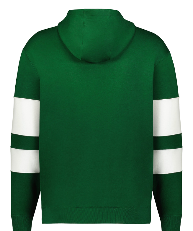 Green hoodie with white striped sleeves and white “Every Spartan” script logo on the chest