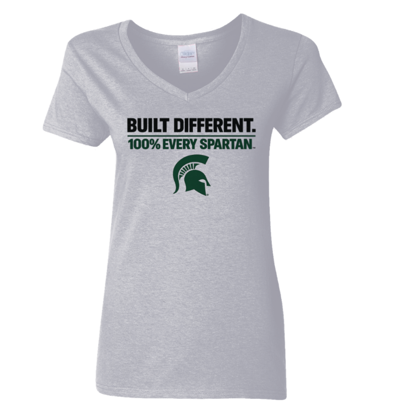Light gray V-neck T-shirt with “BUILT DIFFERENT. 100% EVERY SPARTAN.” text and green Spartan helmet logo.