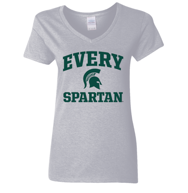 Gray T-shirt with green “EVERY SPARTAN” text and Spartan helmet logo