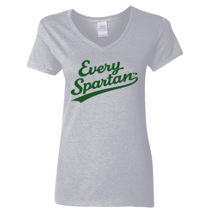 Gray V-neck T-shirt with green “Every Spartan” lettering