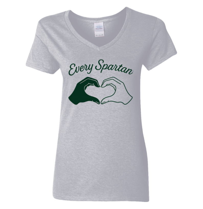 Light gray V-neck T-shirt with “Every Spartan” text and interlocking hand graphic