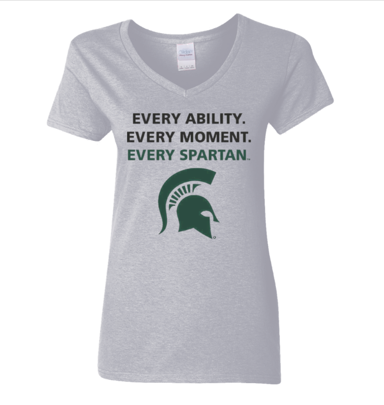 Gray Spartan T-shirt with slogan “Every ability. Every moment. Every Spartan.” and green helmet logo