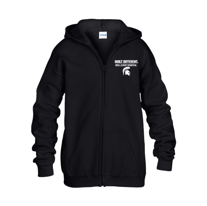 Black zip-up hoodie with hood and white chest logo, shown front view on a white background