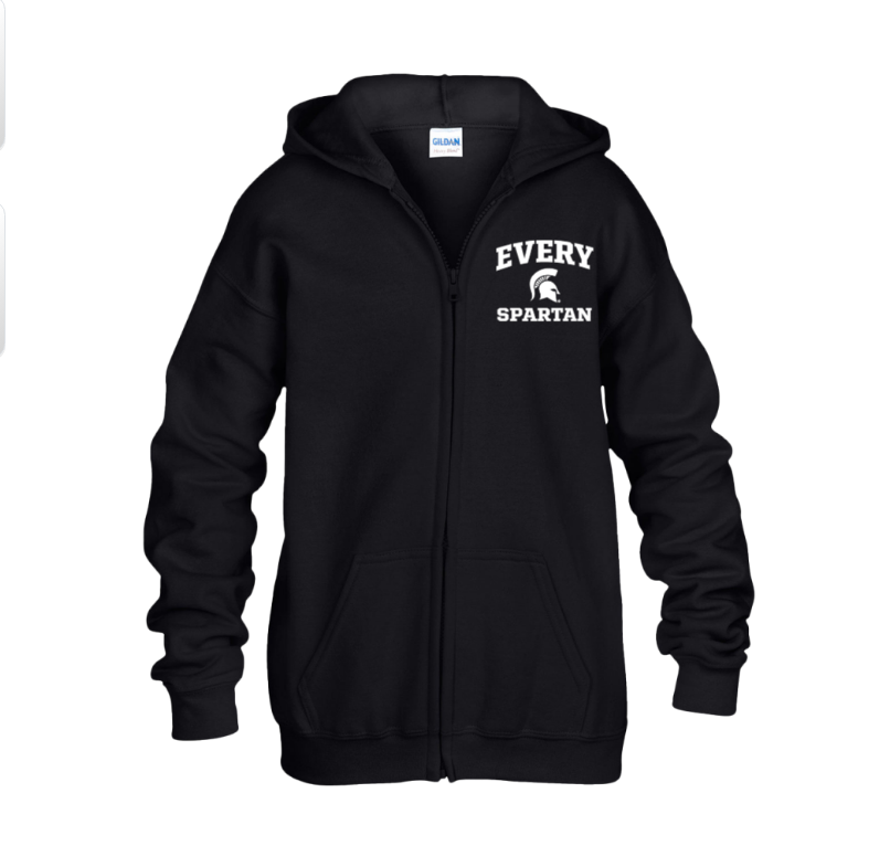 Black zip-up hoodie with “Every Spartan” text on the left chest.
