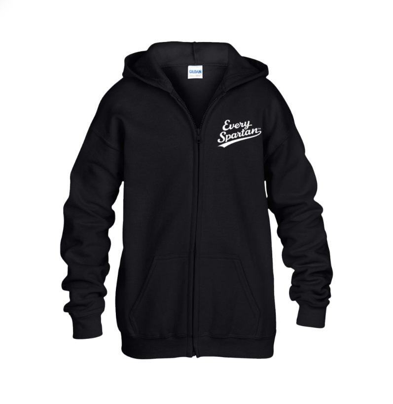 Black hooded zip-up sweatshirt with white logo on the chest, shown front view on a white background