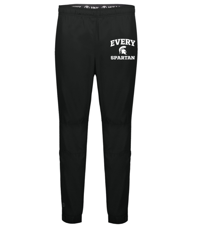 Black jogger pants with “EVERY SPARTAN” printed on the upper left leg