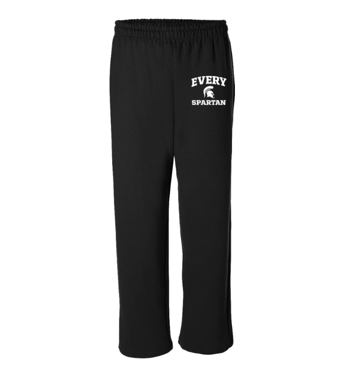 Black sweatpants with “Every Spartan” printed on the left leg.