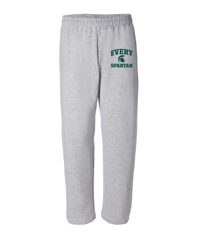 Gray sweatpants with green “EVERY SPARTAN” text on the left thigh.