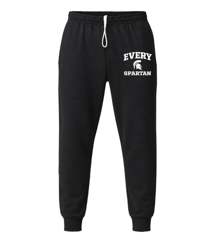 Black jogger sweatpants with white drawstring and “EVERY SPARTAN” logo on the left thigh