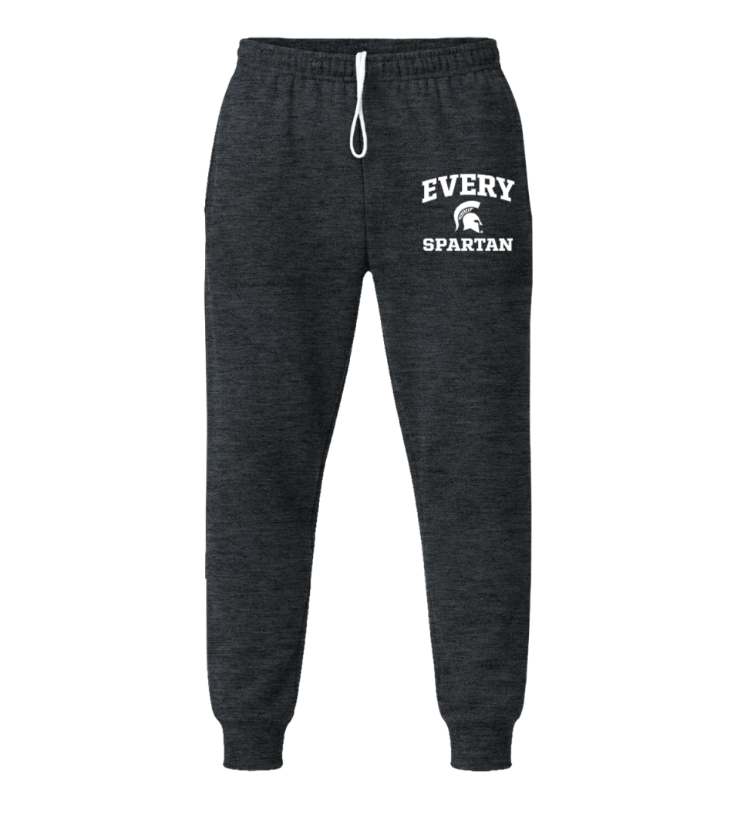 Dark gray jogger sweatpants with a white drawstring and 
