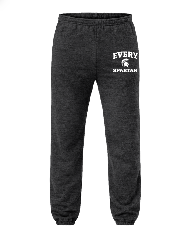 Dark gray jogger sweatpants with “EVERY SPARTAN” printed on the upper left thigh.