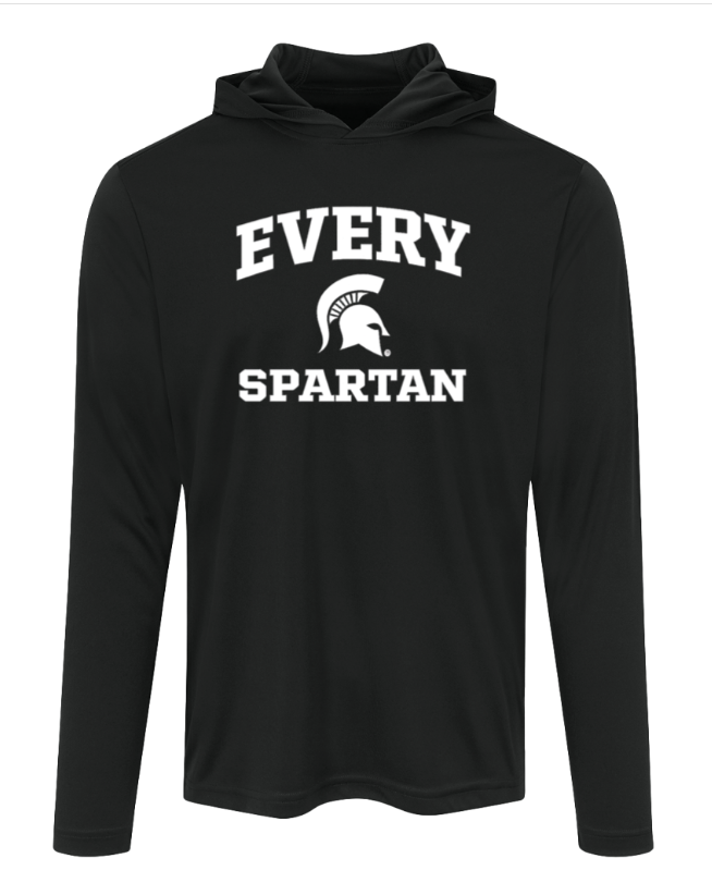 Black hooded sweatshirt with white “EVERY SPARTAN” text and Spartan helmet logo.