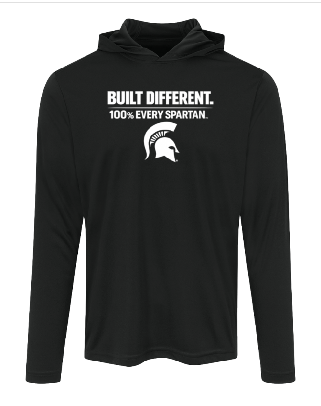 Black long-sleeve hoodie with white “Built Different. 100% Every Spartan.” text and Spartan logo on the chest