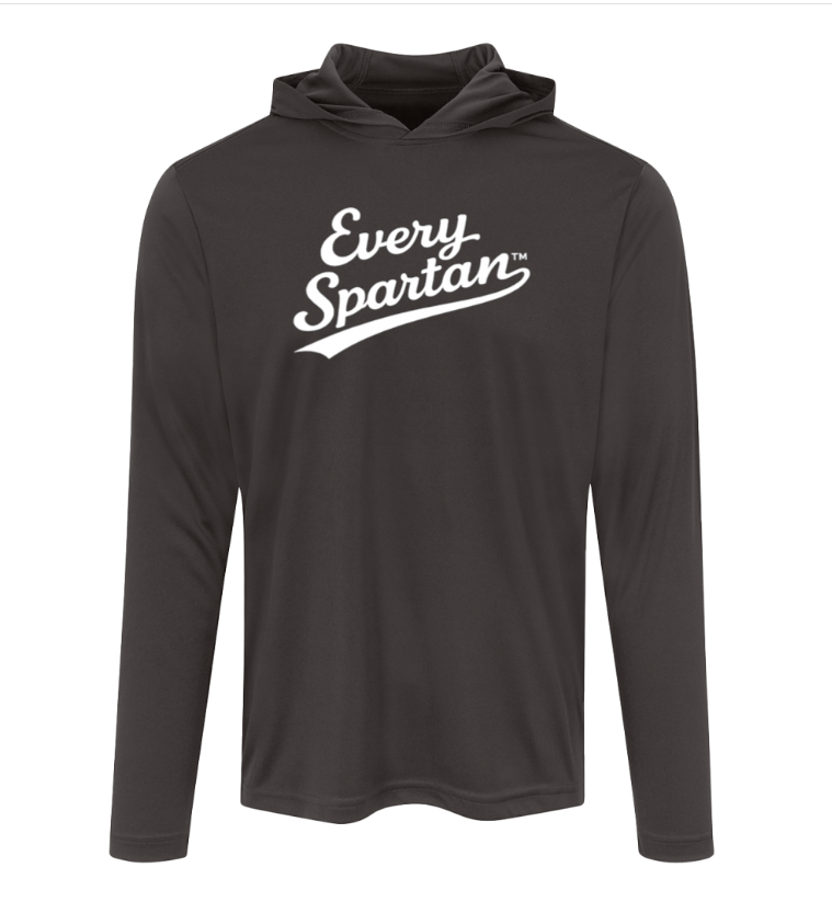 Black long-sleeve hoodie with white “Every. Spartan.” text on the chest