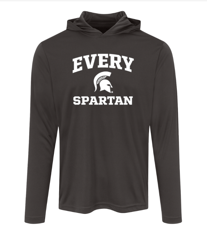 Black hooded long-sleeve shirt with white “EVERY SPARTAN” text and Spartan helmet logo.
