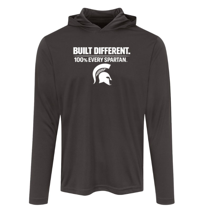 Black hooded long-sleeve shirt with white “Built Different. 100% Every Spartan.” text and Spartan helmet logo