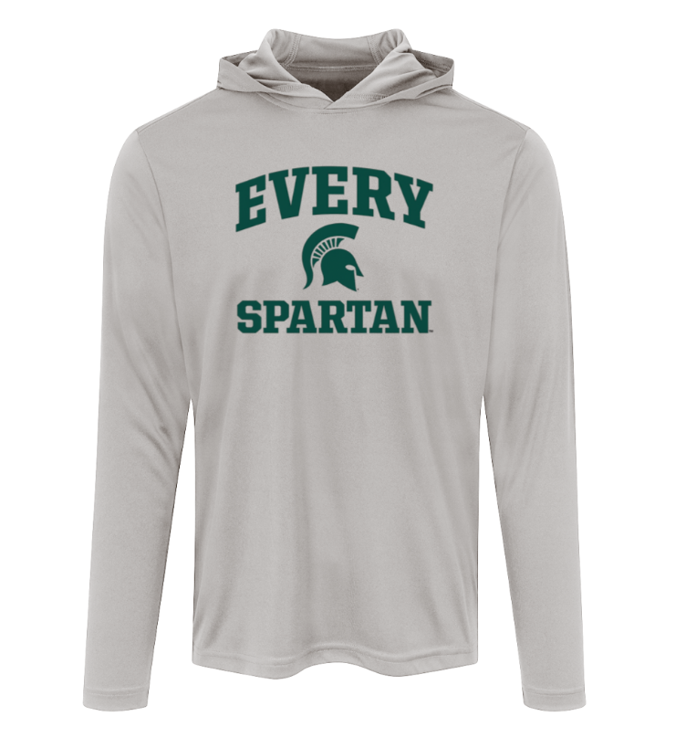 Light gray hooded long-sleeve shirt with green “EVERY SPARTAN” text and Spartan helmet logo