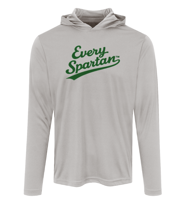 Light gray hooded long-sleeve shirt with green “Every Spartan” text on the chest.