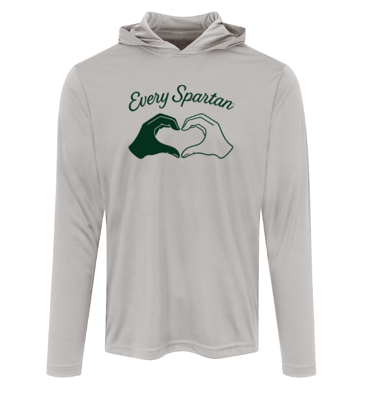 Light gray hooded long-sleeve shirt with 