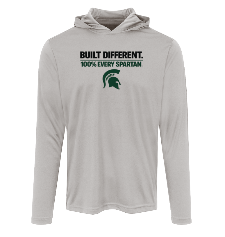 Light gray hooded sweatshirt with “BUILT DIFFERENT. 100% EVERY SPARTAN” and a green Spartan helmet logo