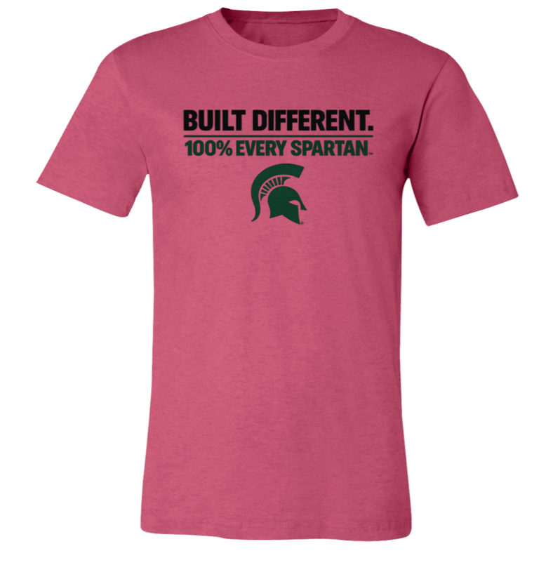 Pink Spartan-themed T-shirt with “BUILT DIFFERENT. 100% EVERY SPARTAN.” text and helmet logo