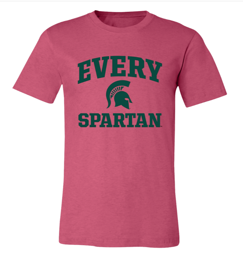 Pink T-shirt with green “EVERY SPARTAN” text and Spartan helmet logo