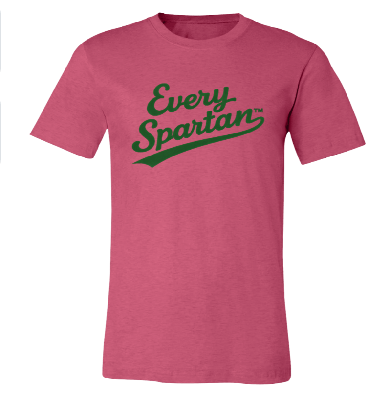 Pink T-shirt with green “Every Spartan” script logo on the chest