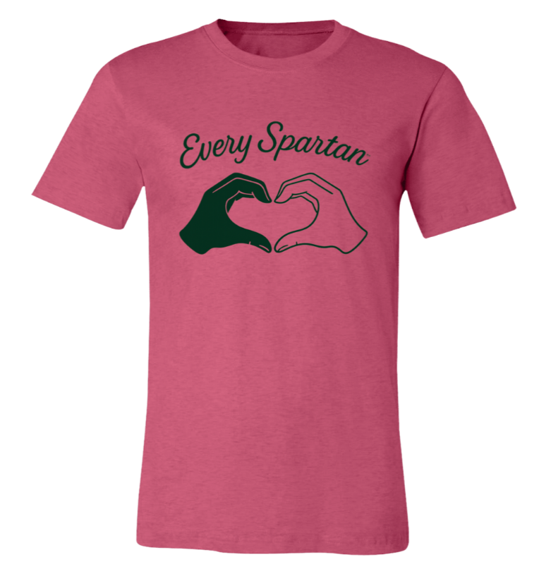Pink T-shirt with “Every Spartan” text and hands forming a heart